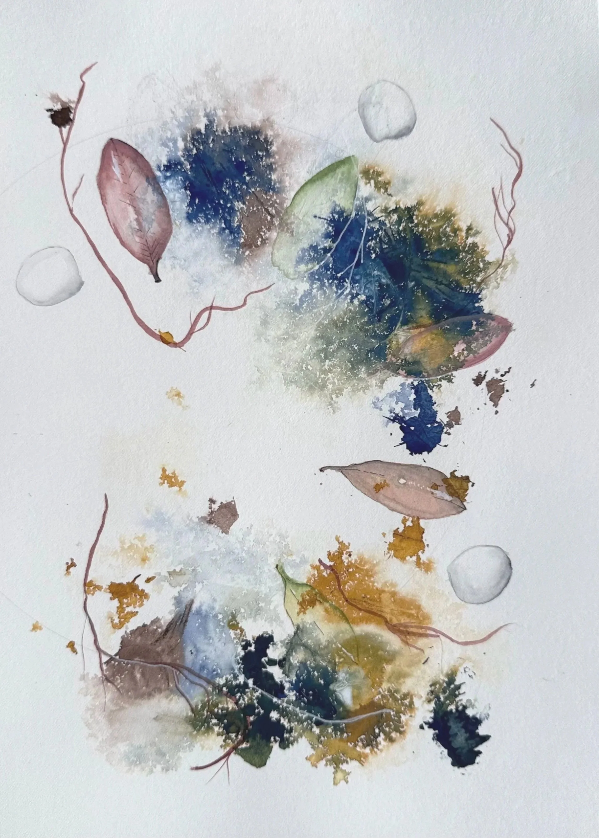 Abstract watercolor painting of various leaves and circles in earthy tones of brown, green, yellow, and blue on white background.