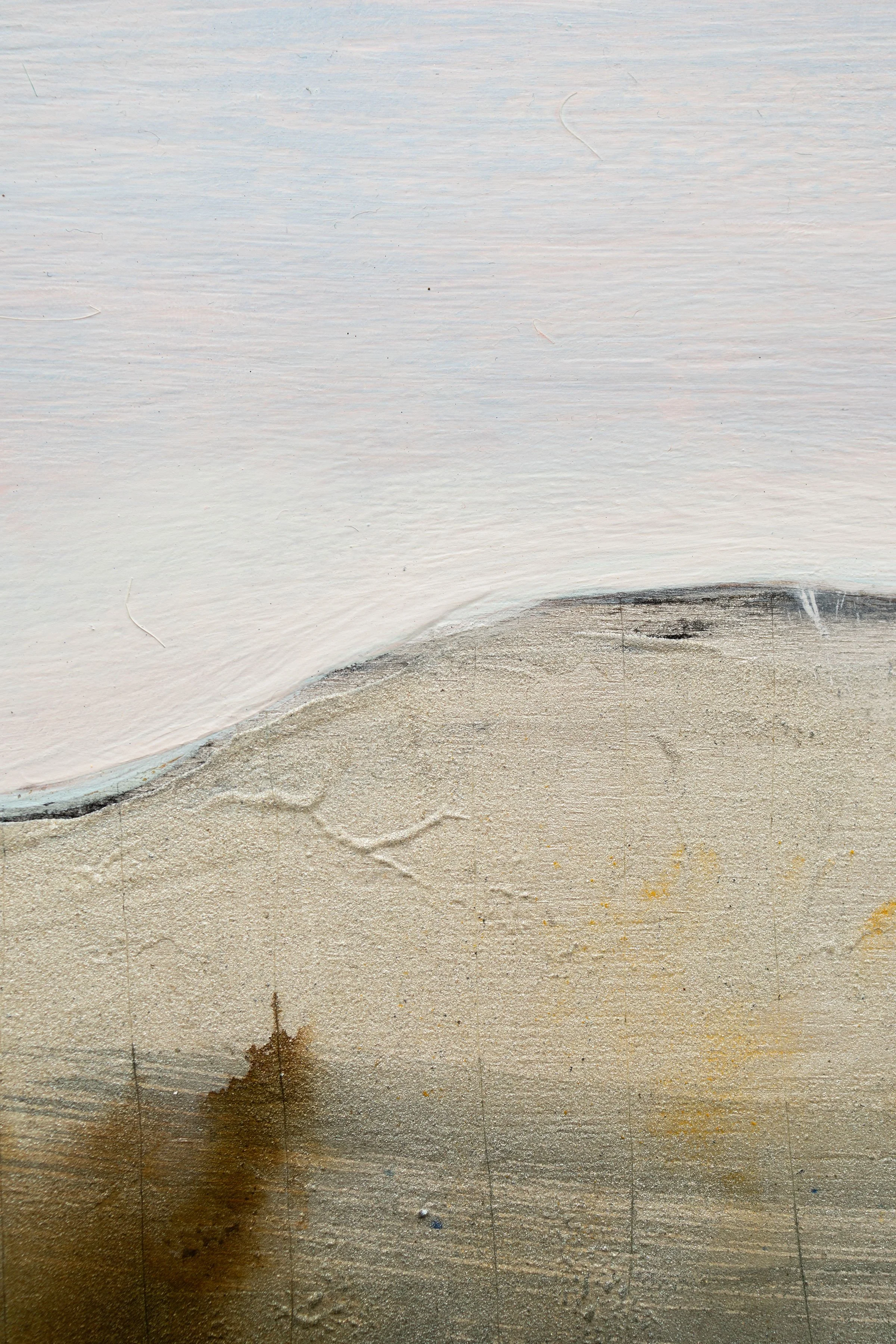 Close-up of a weathered, painted wooden surface with peeling white paint and brownish stains at the bottom.