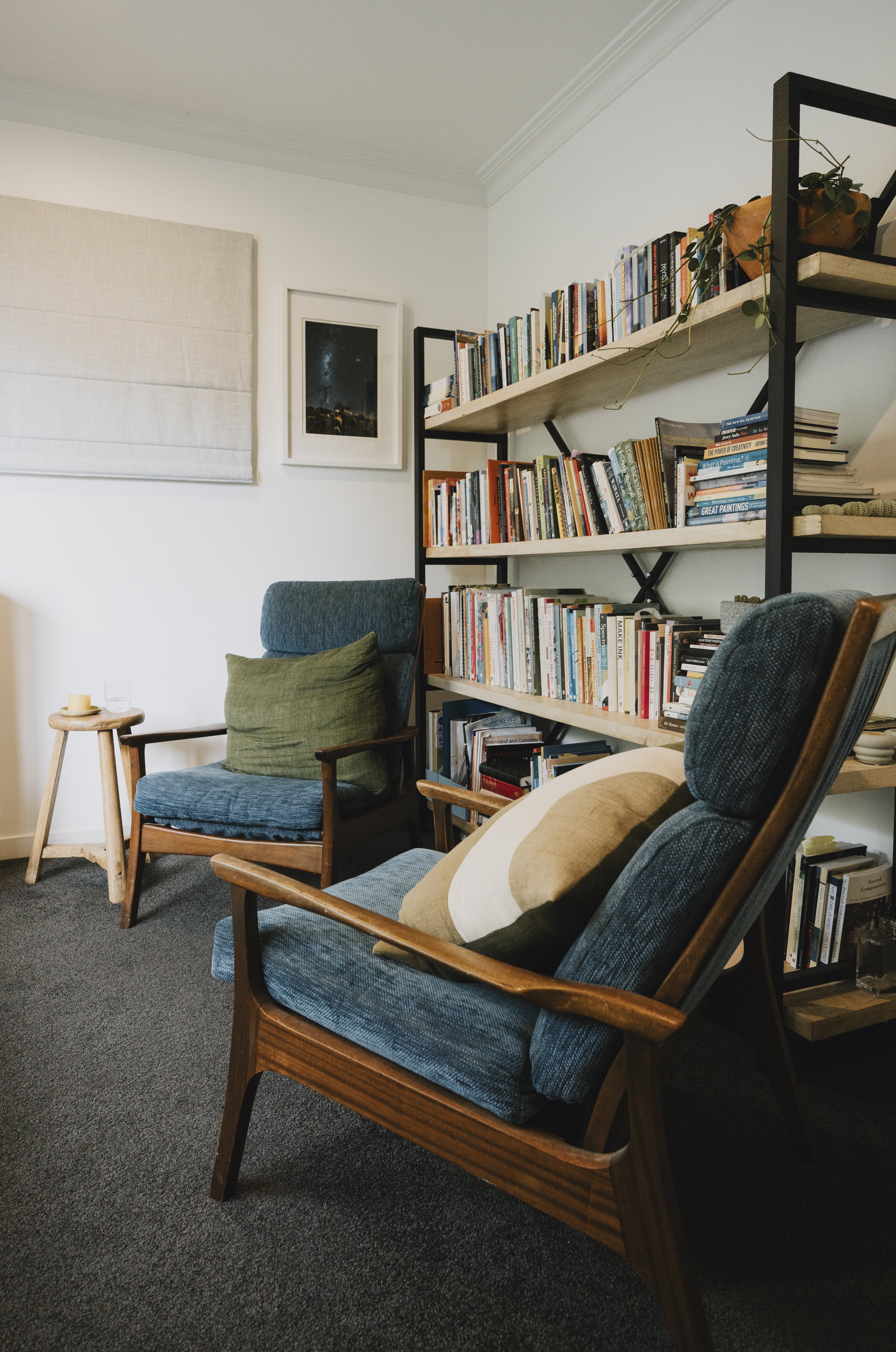 Two chairs in Nicky Scoltock's spiritual companioning space in Auckland.