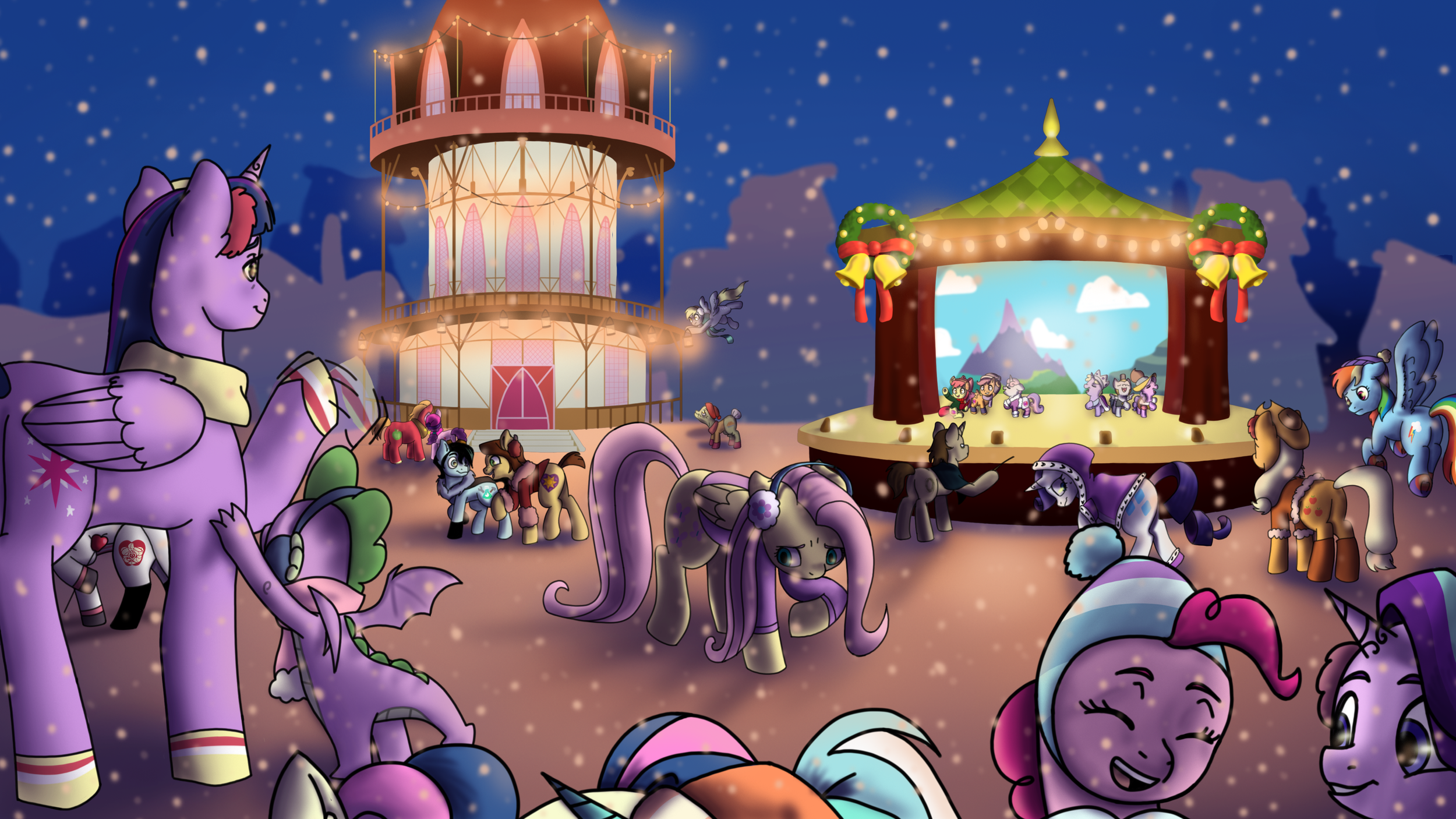 Animated scene of a Christmas celebration in a snowy outdoor setting with My Little Pony characters, including a purple unicorn with a horn, gathered around a decorated night-time stage with lights and festive decorations, snow falling in the backgro