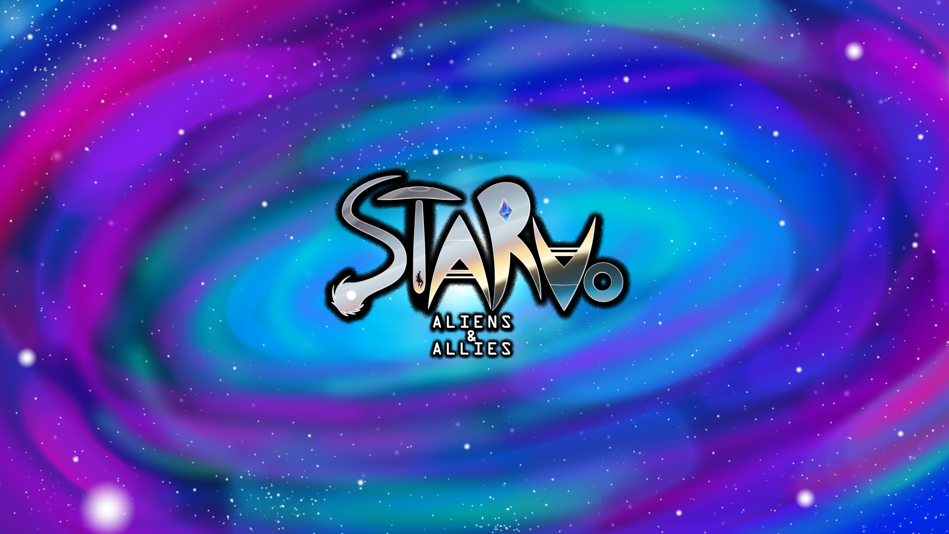 Colorful space background with swirling purple, blue, and green hues, scattered white stars, and the logo for 'Staro: Aliens & Allies' in the center.