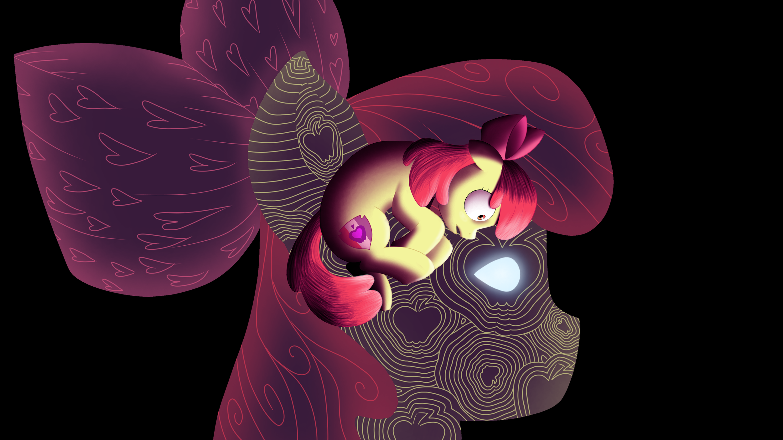 A stylized illustration of a yellow pony with pink hair, a purple heart on its flank, and a pink bow on its head, surrounded by a large, dark pink flower with heart patterns on its petals and gold contours, against a black background.