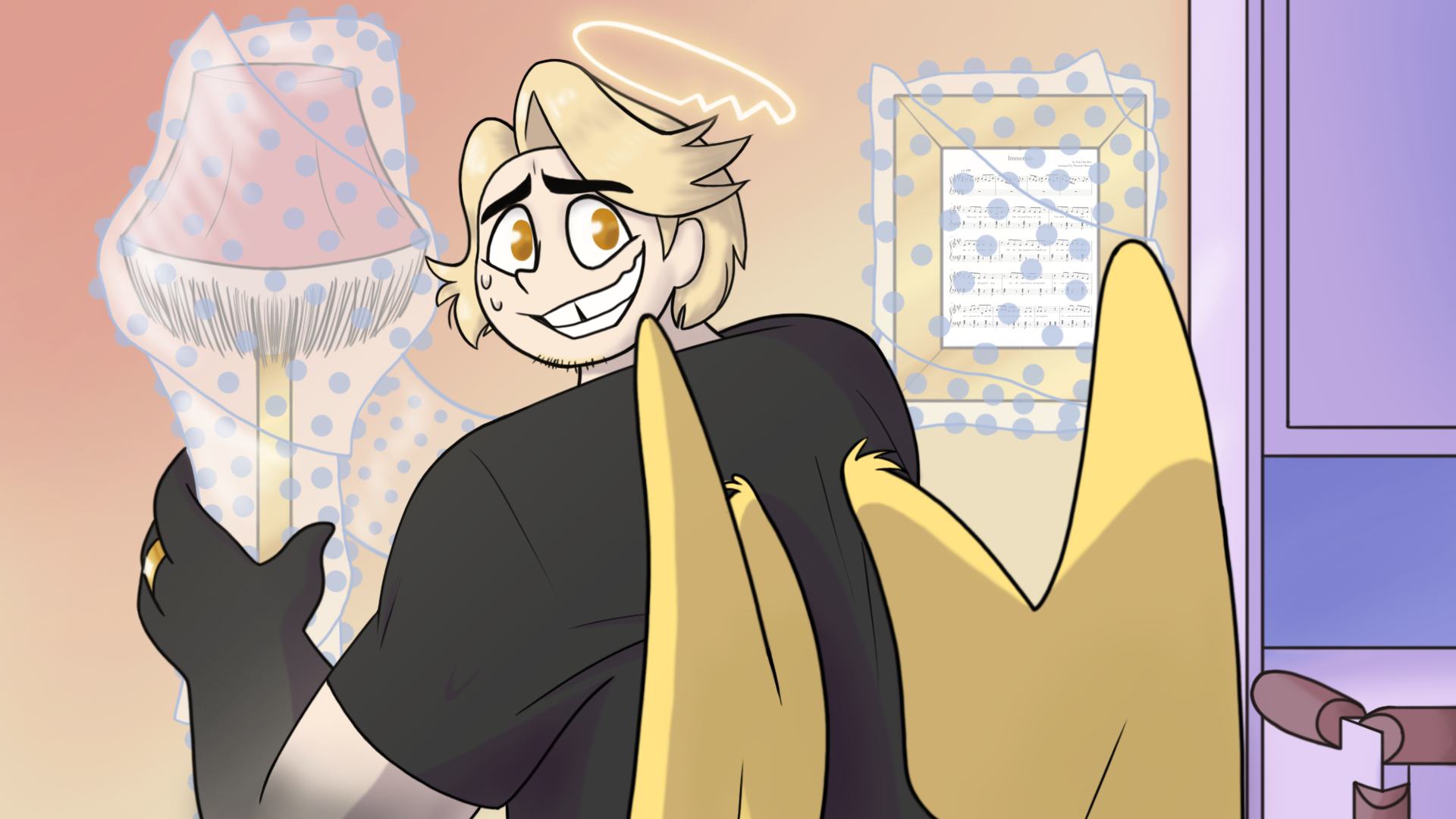 A cartoon character with blond hair, black eyebrows, and a halo above his head, smiling and holding a lamp with blue polka dots. The background features polka dot and sheet music framed on the wall.