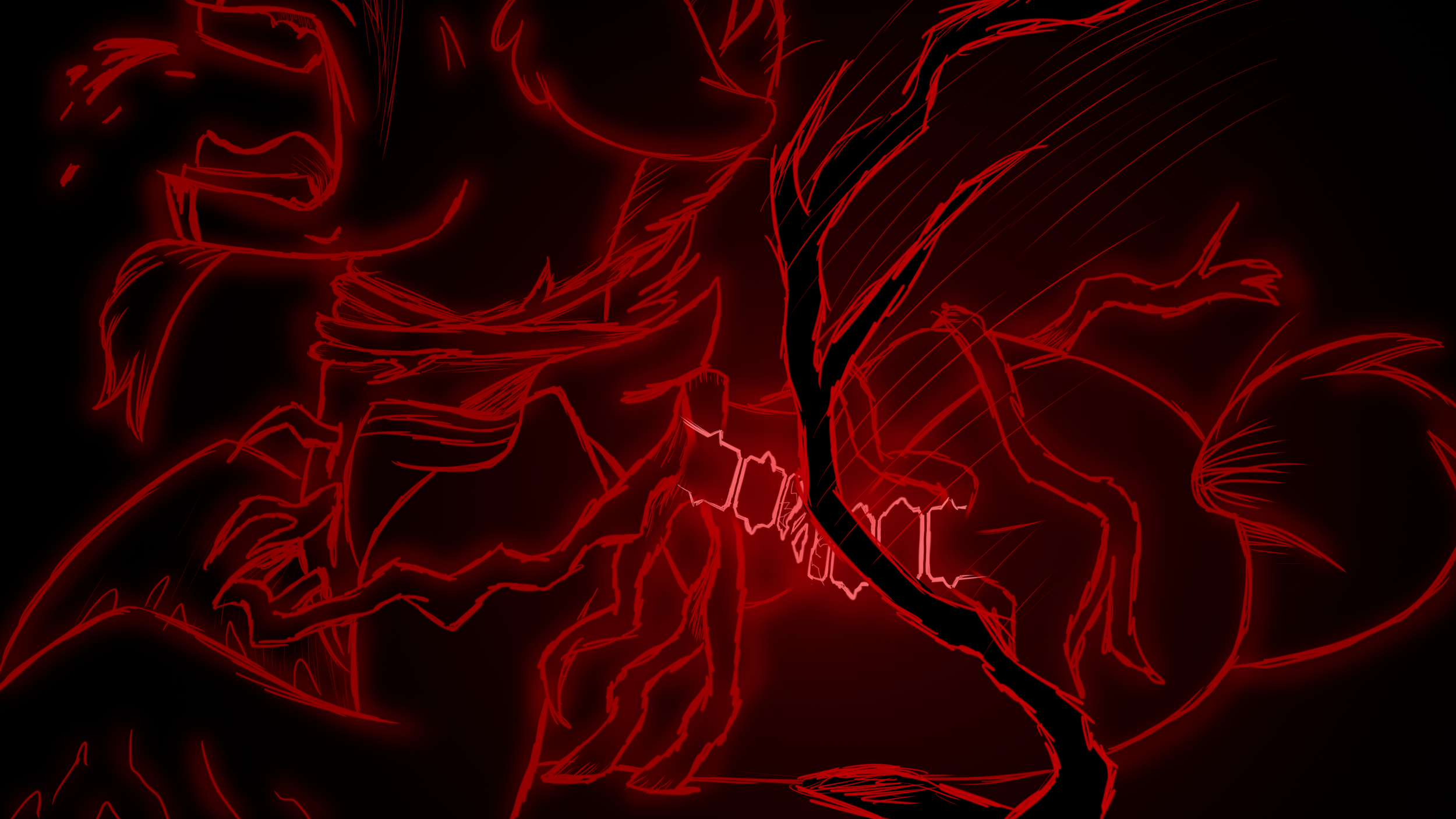 A neon red outline of a character with a face partially visible, holding a staff or weapon, standing next to a dragon. The background is black with red highlights.