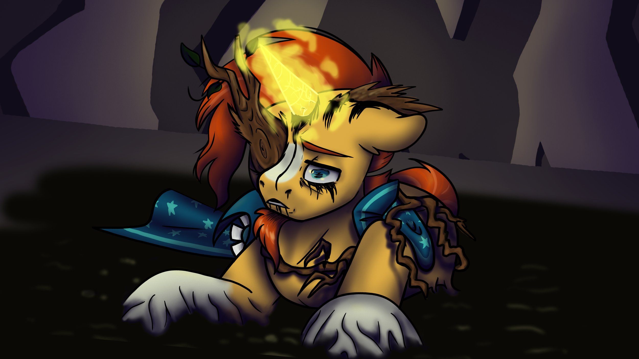 A cartoon-style pony with orange and brown hair, a starry blue cape, and glowing yellow horn, sitting with a sad expression in a dark, cave-like environment.