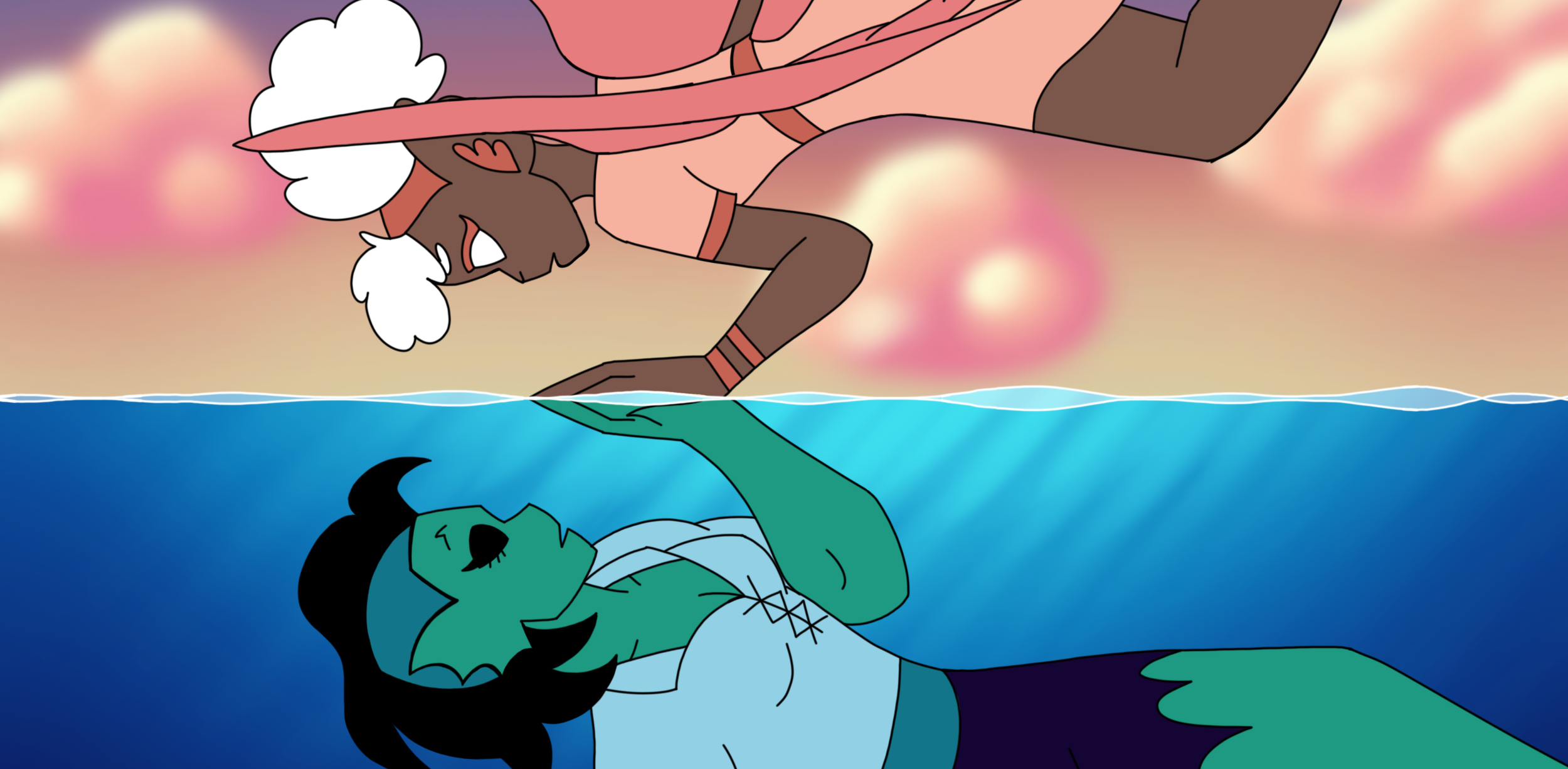 Cartoon image depicts a female mermaid with long black hair, lying in the water with her eyes closed, as a male character with a green tail and teal hair reaches out to her from below. In the background, an animated character resembling a fox with white hair, brown fur, and a red band around its arm is floating above the water against a pink and purple sky.