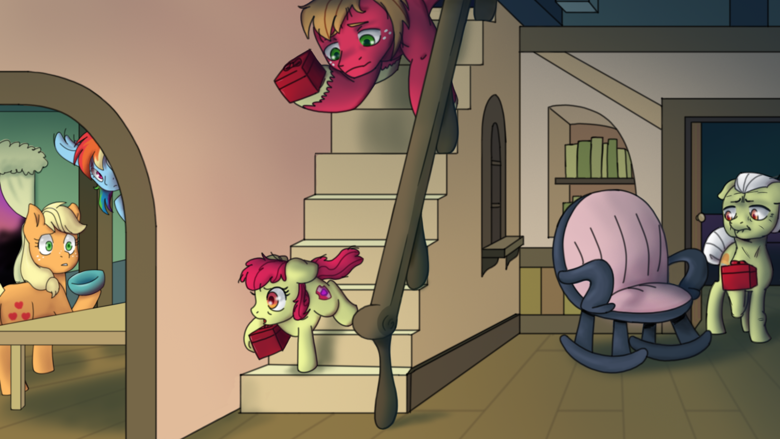 Animated scene of ponies inside a house, some holding red boxes, with a pink pony sitting on the staircase and a yellow pony with a red mane on the floor. A green pony with bandages sits on a chair near a pink armchair with one of its ears covered. I
