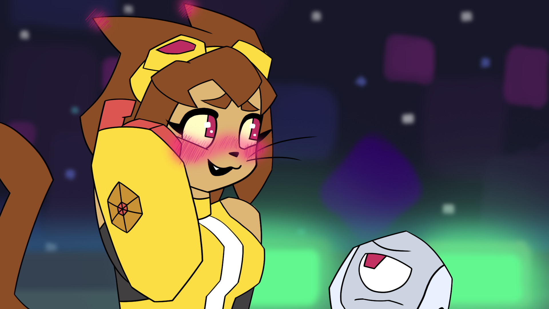 Animated character with long brown hair, pink eyes, and a blush on her cheeks, wearing a yellow outfit and headband, smiling with a white robotic dog in a colorful night sky background.