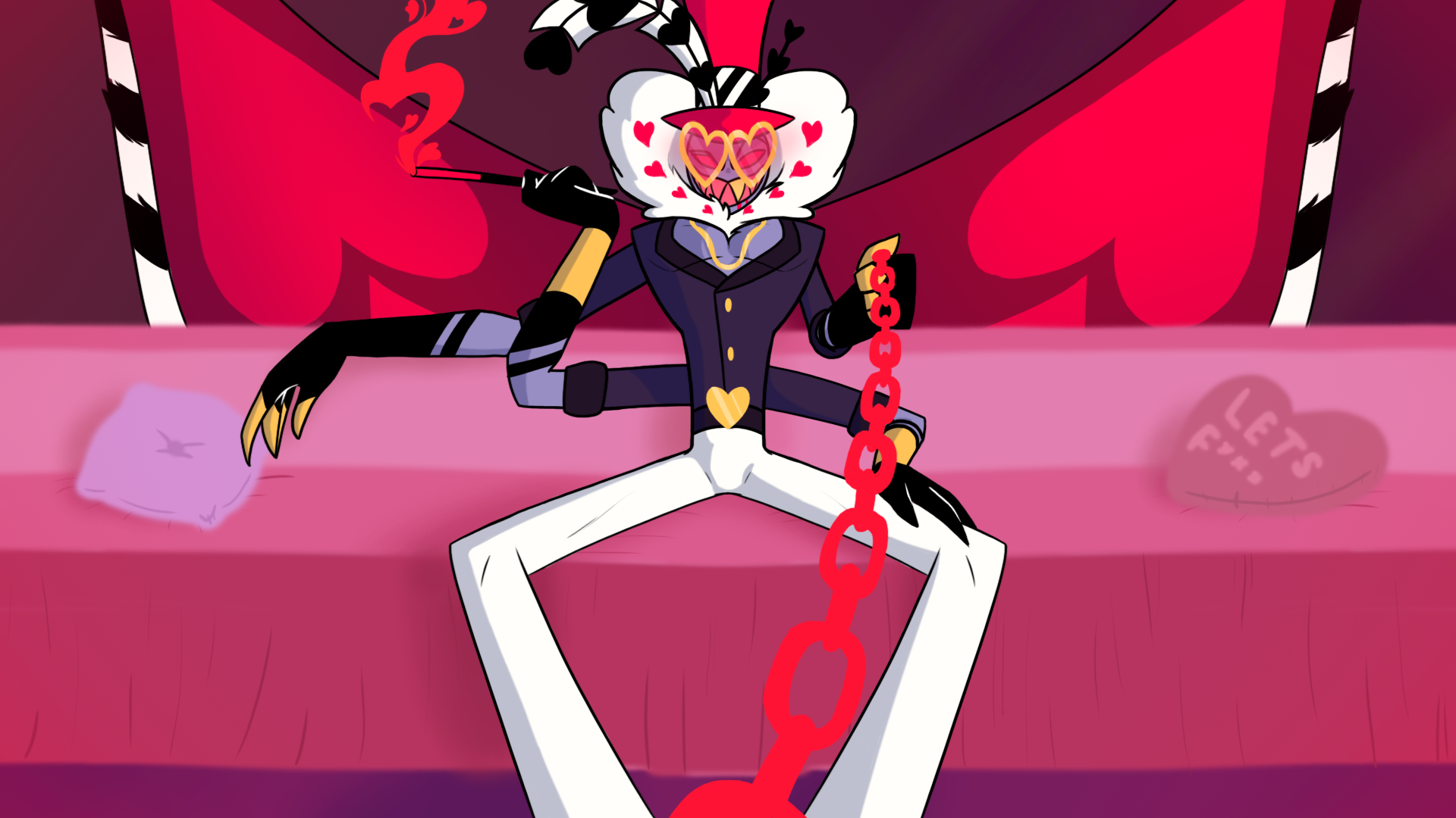 A cartoon character with heart-shaped sunglasses, striped eyes, and a heart-shaped nose, wearing a dark blazer with gold buttons, white pants, and black gloves, seated at a pink table with a purple napkin and a napkin holder, holding a red chain and 