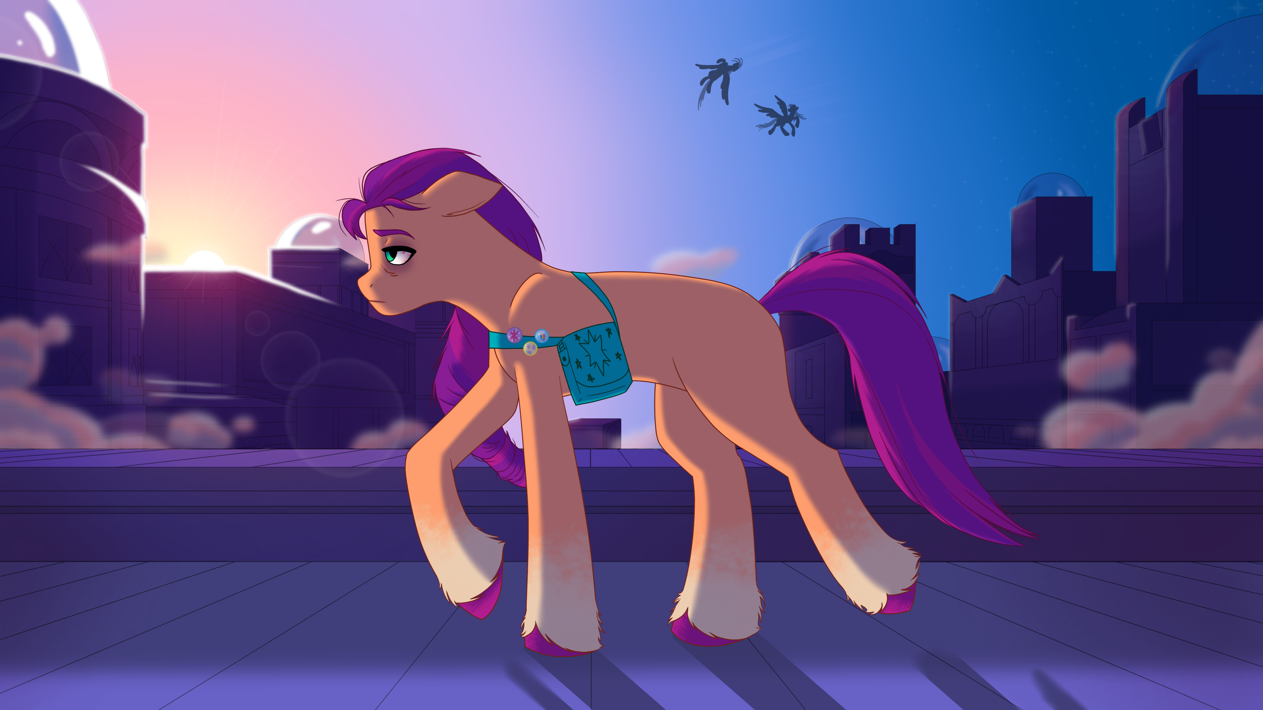 Animated unicorn with purple mane and tail walking on a city rooftop at sunset, with two flying creatures in the sky.