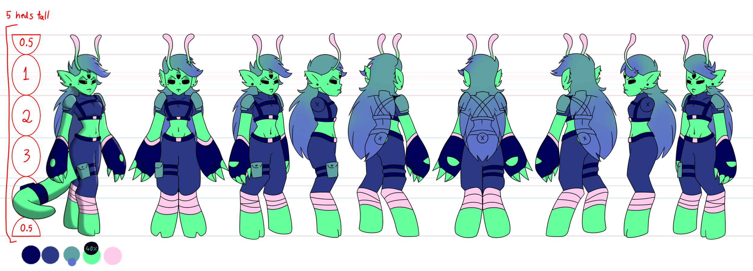 Character design sheet of a green anthropomorphic creature with horns, blue hair, and a tail, shown in multiple angles from front, side, and back, with notes and color palette at the bottom.