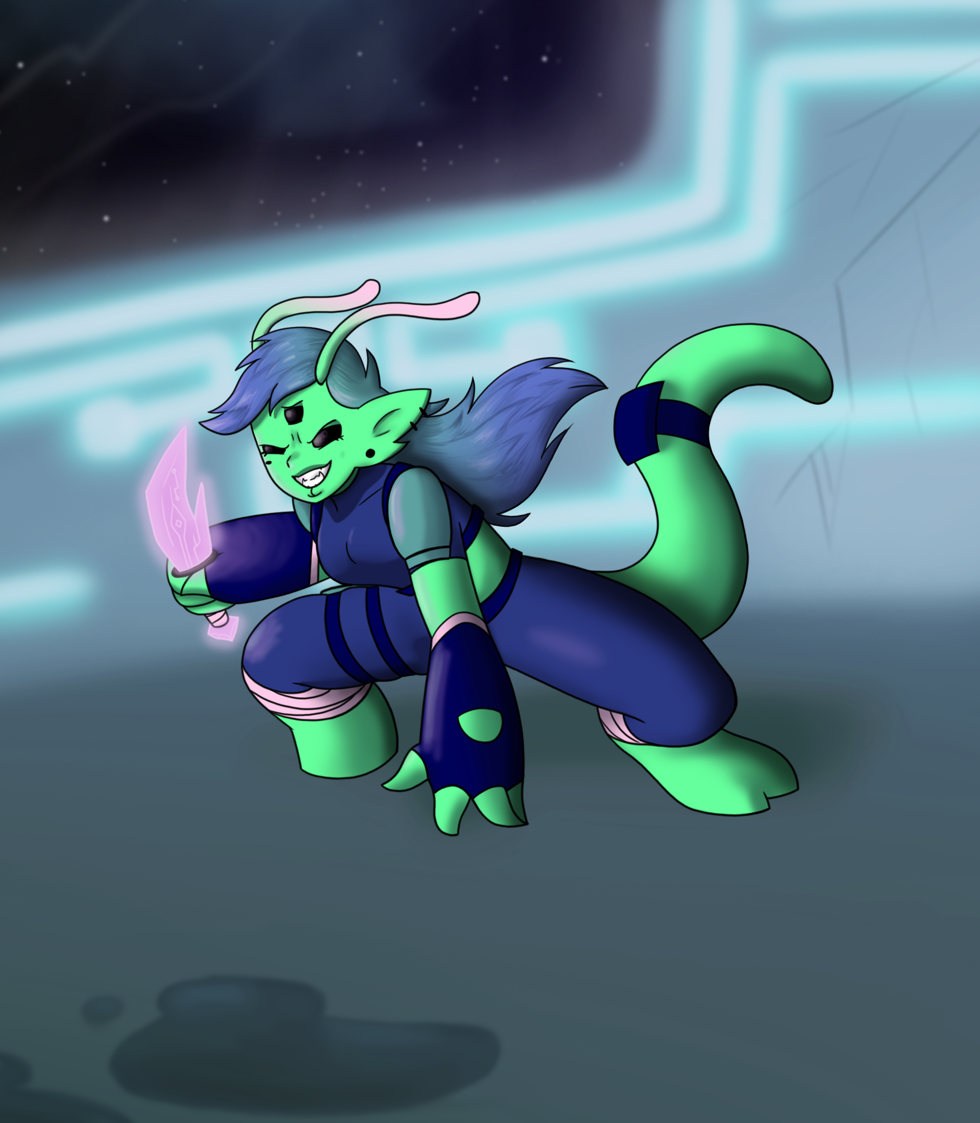 A colorful cartoon character with green skin, purple hair, and a blue outfit, holding a glowing pink sword, standing in a futuristic setting with glowing blue and white geometric shapes in the background.