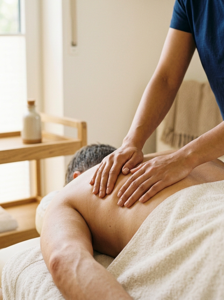 Person erhält eine Rückenmassage in einem Spa oder Massagepraxis.