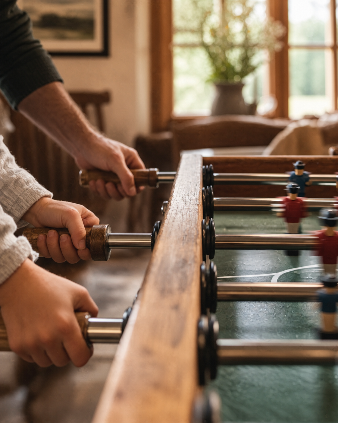 Nahaufnahme eines Tischfußballspiels mit Händen an den Spielstangen
