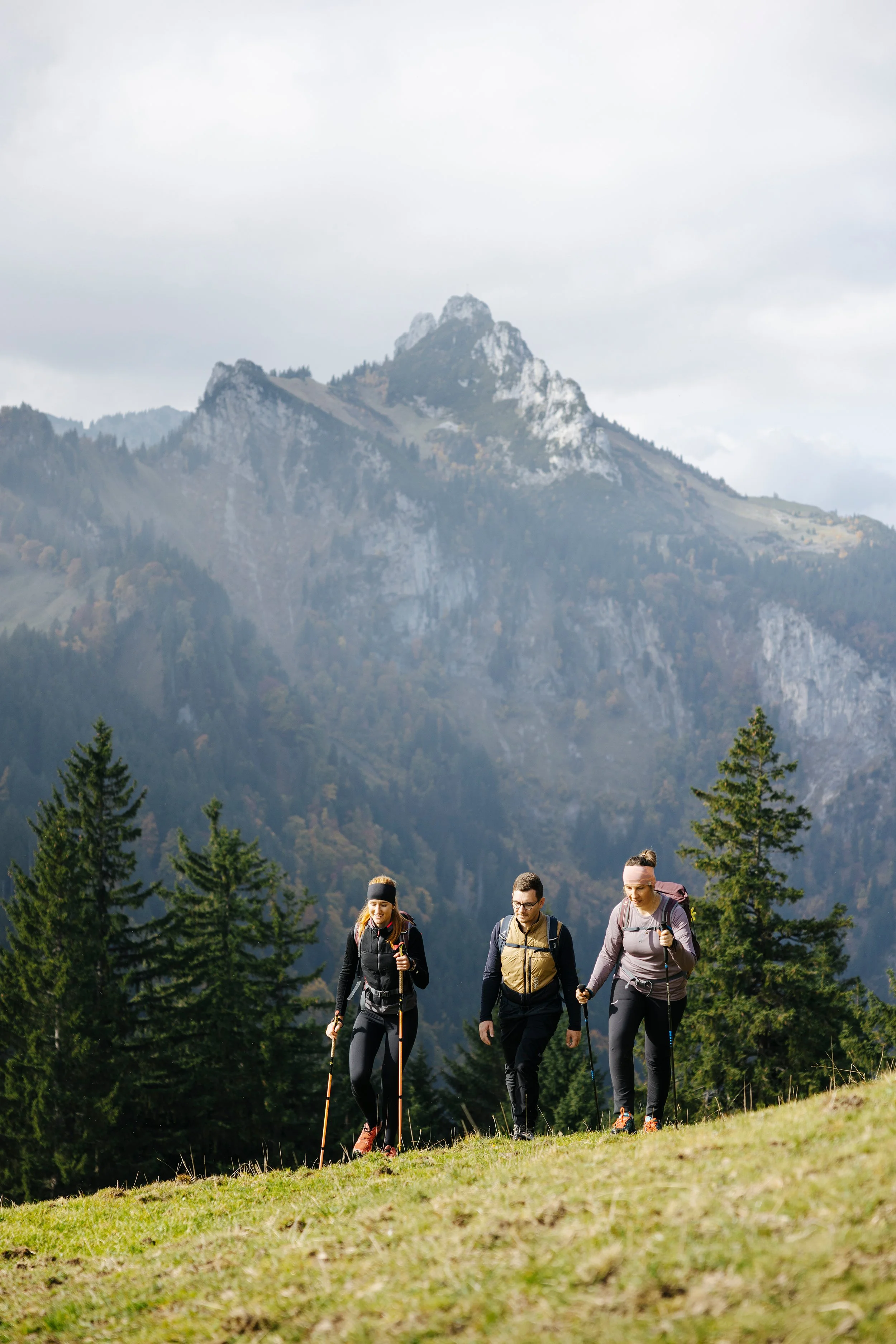 Drei Personen wandern in den Bergen, umgeben von Kiefern und einer Bergkette im Hintergrund, bei bewölktem Himmel.