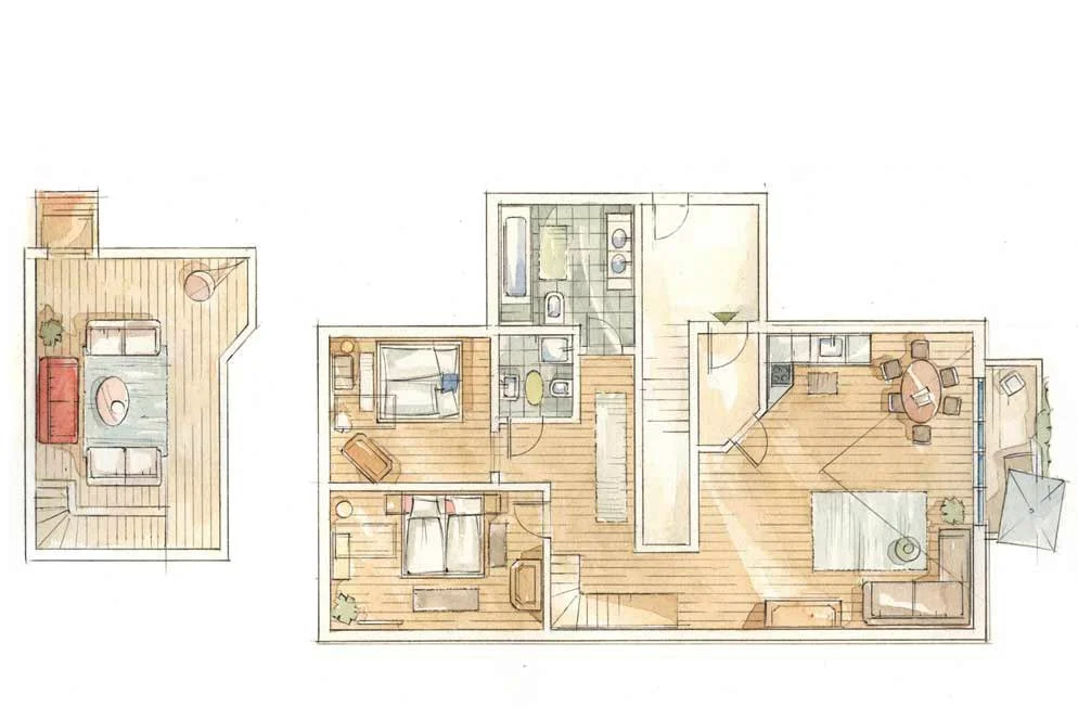 Handgezeichneter Grundriss einer Wohnung mit zwei Schlafzimmern, Bädern, Küche, Wohnbereich und separater Terrasse.