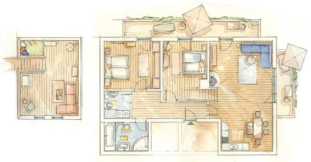 Architektonischer Grundriss einer Wohnung mit mehreren Schlafzimmern, Bädern, Küche, Wohnzimmer und Terrassen.