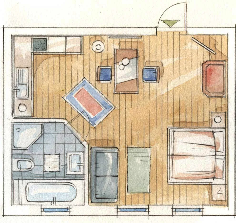 Handgezeichneter Grundriss einer Wohnung mit Wohnbereich, Küche, Esstisch, Badezimmer und Schlafzimmer.