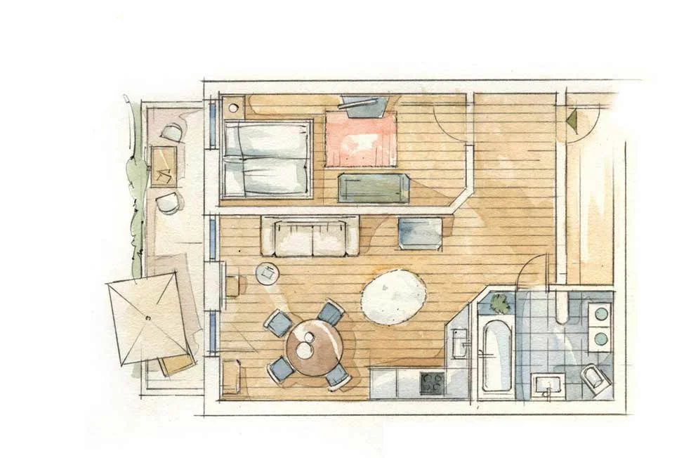 Handgezeichneter Grundriss einer Wohnung mit Schlafzimmer, Wohnbereich, Küche, Bad, Terrasse und Gartenmöbeln