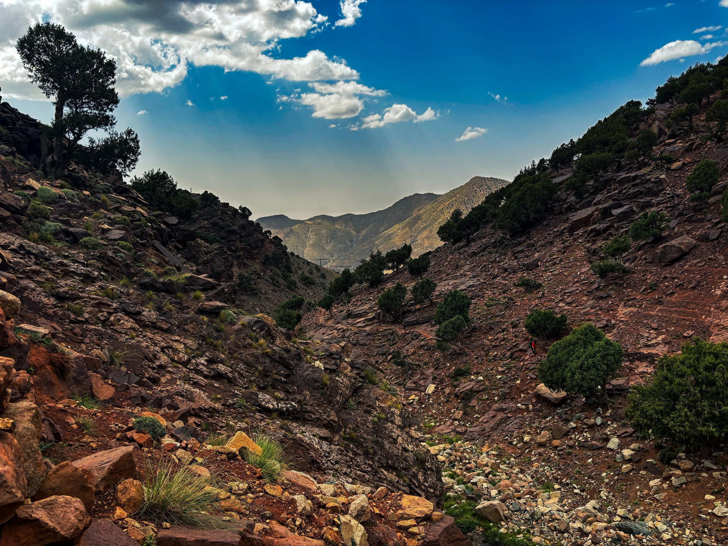 A mountainous landscape with rocky slopes, green trees, and a partly cloudy sky.