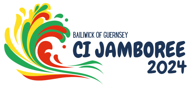 Colorful logo for Bailiwick of Guernsey CI Jamboree 2024, featuring a stylized wave design with red, yellow, green, and dark green colors.