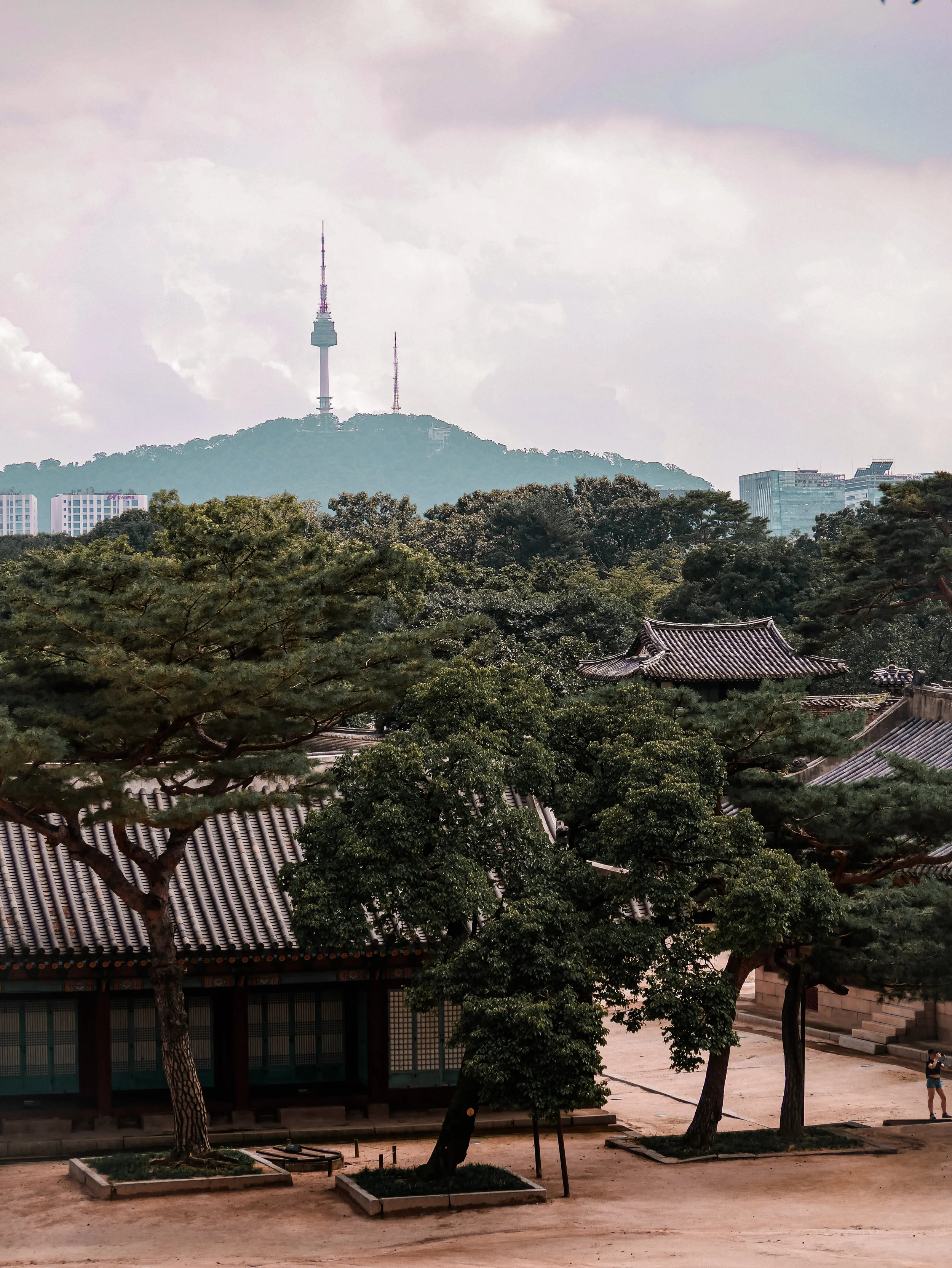 Traditional East Asian temple building with ornate roof tiles, surrounded by trees and plaza, with modern city buildings and a mountain with communication towers in the background.