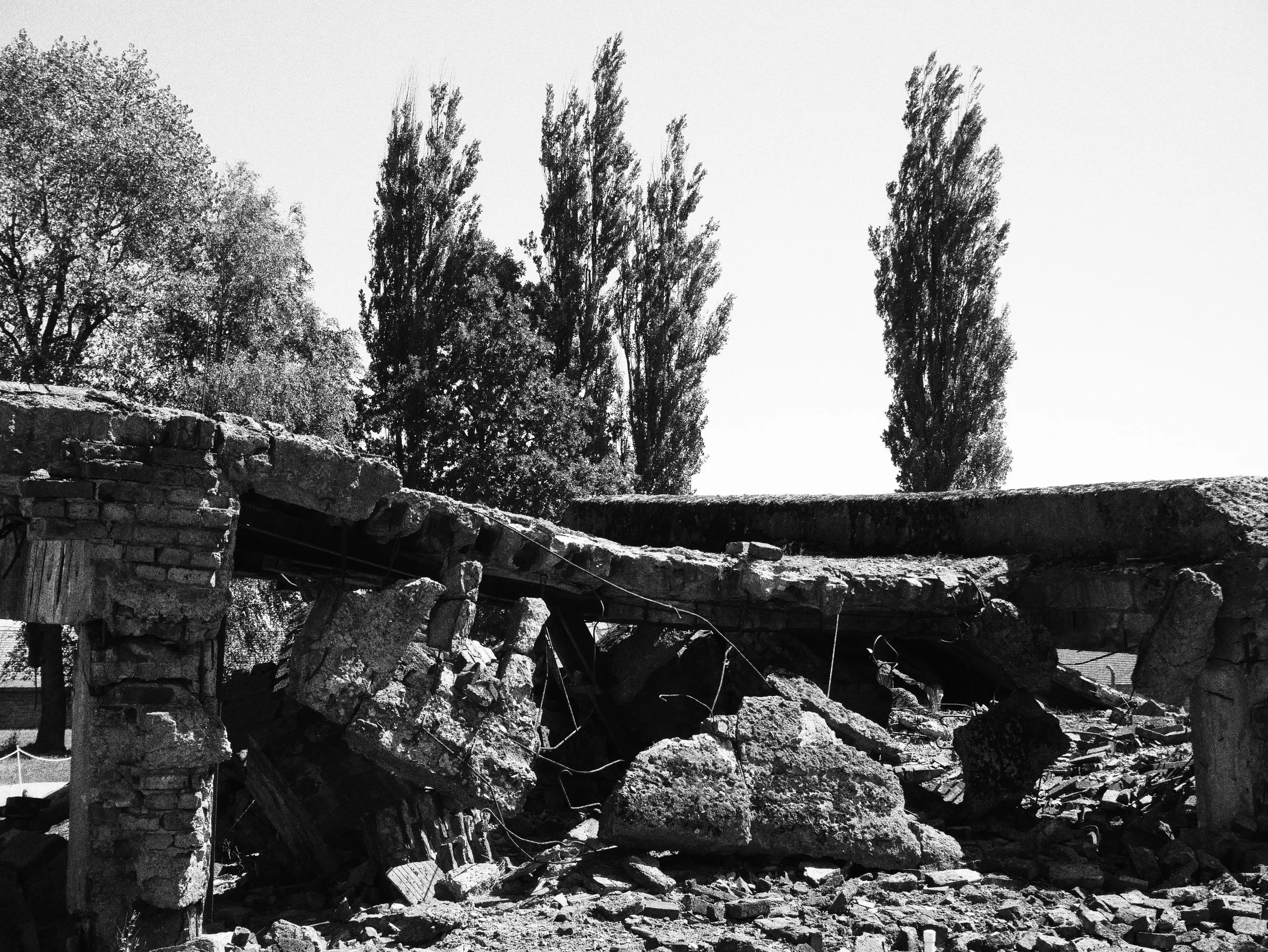 A black and white photo of a partially collapsed brick and wooden structure with fallen debris and ruins, and tall trees in the background.