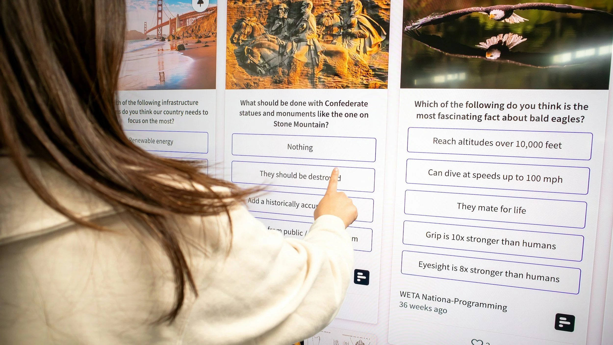 A person with long brown hair, wearing a beige coat, is pointing at a printed survey or informational poster about bald eagles, with images of the Golden Gate Bridge, Confederate statues, and a bald eagle on the poster.