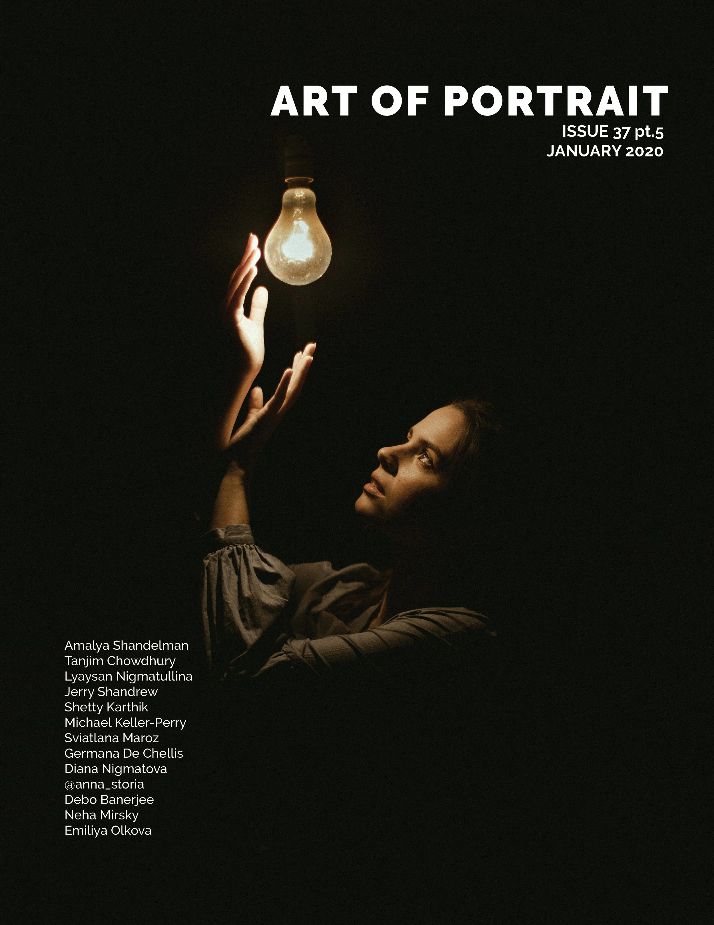 Magazine cover titled 'Art of Portrait,' featuring a woman reaching upward towards a glowing light bulb hanging from the top of the frame, against a dark background. The cover lists contributors' names in the lower left corner.