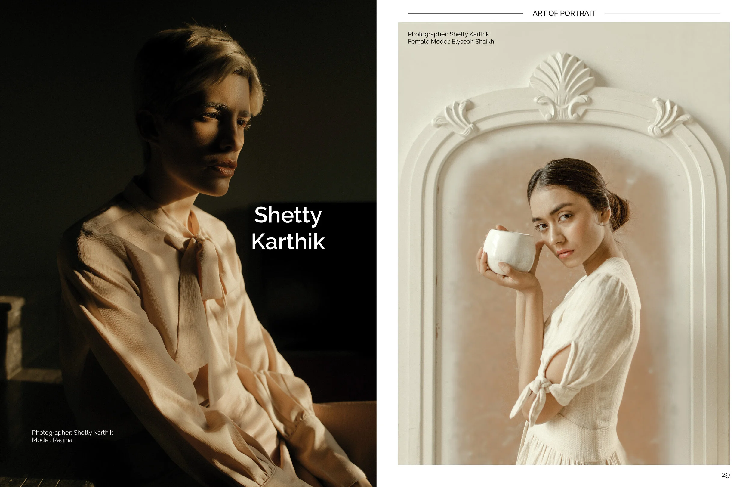 Side-by-side portraits of women; the left woman has short blonde hair and is in a dimly lit setting, wearing a beige top with a bow at the collar; the right woman has dark brown hair tied back, is holding a mug, and stands in front of a decorative mi