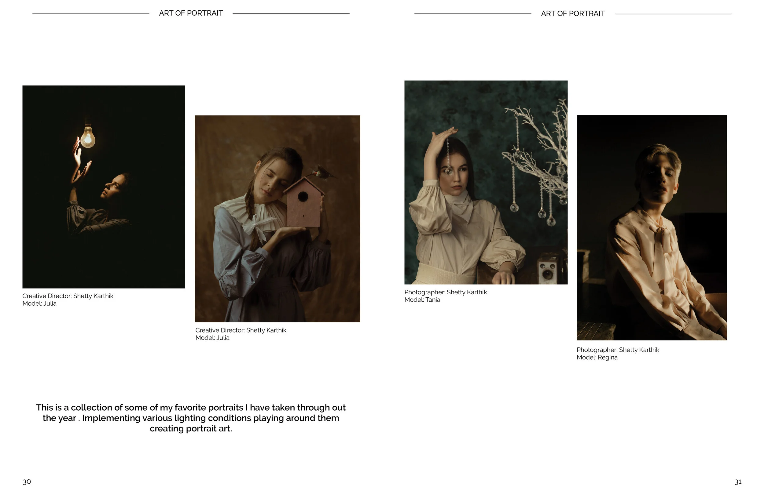 Collection of portraits taken by Shetty Karthik, featuring models Julia, Tania, and Regina in various artistic lighting conditions.