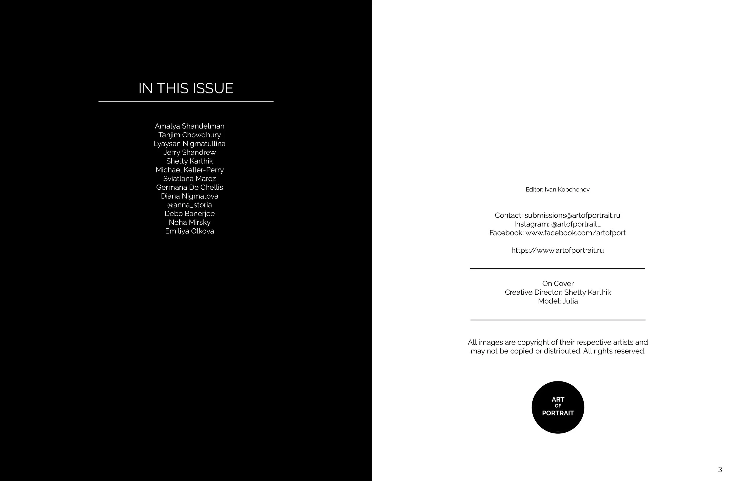 A two-page magazine spread with the left page in black background and the right page in white background. The left page features an 'In This Issue' list with names in white text, and the right page contains contact information, social media links, a 