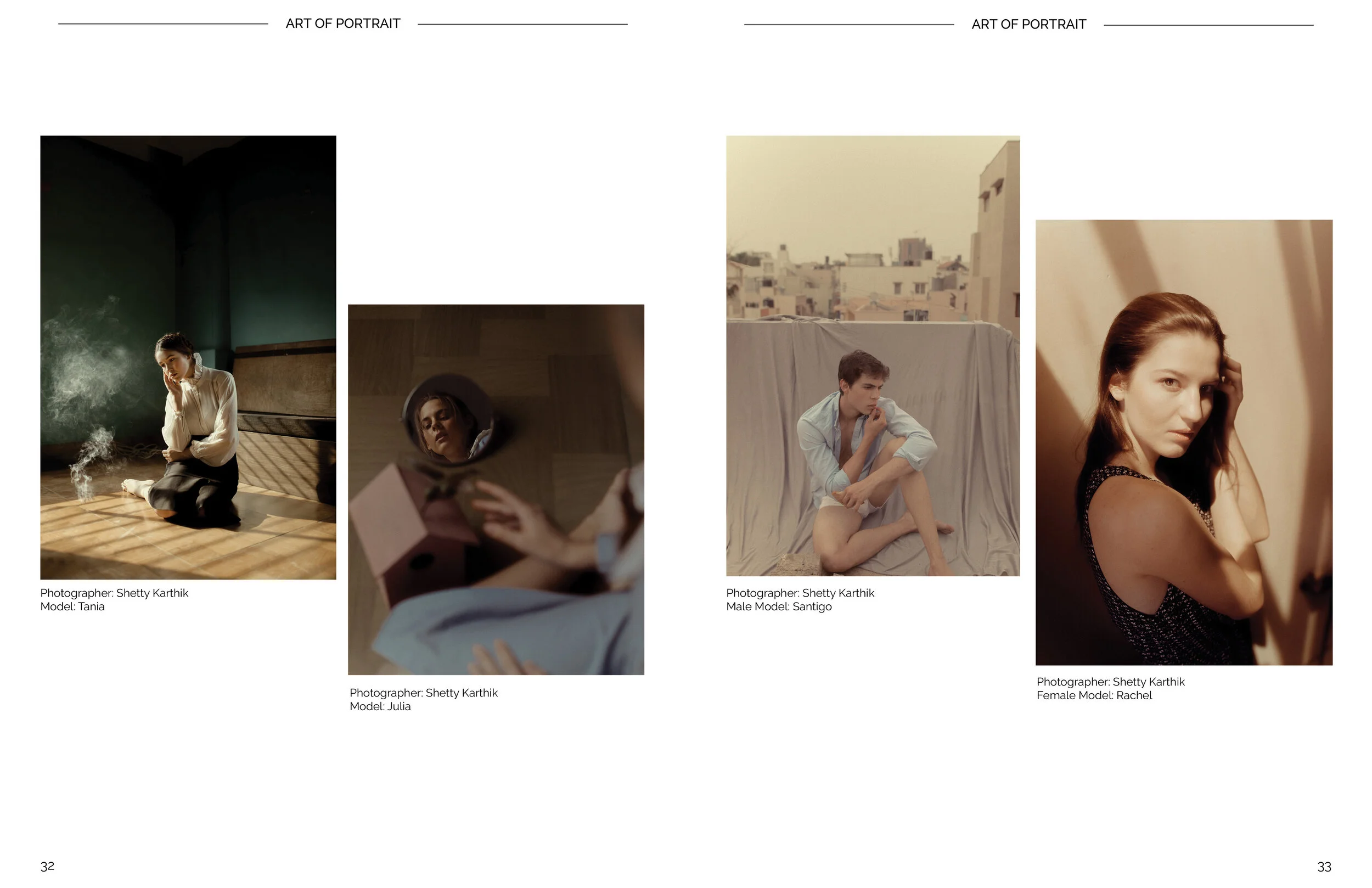 Page from a photo portfolio book showcasing portraits by Shetty Karthik. The left side features a woman sitting in a dark room with smoke around her. The middle shows a woman looking into a mirror with a cardboard box, and a background of rooftops. T