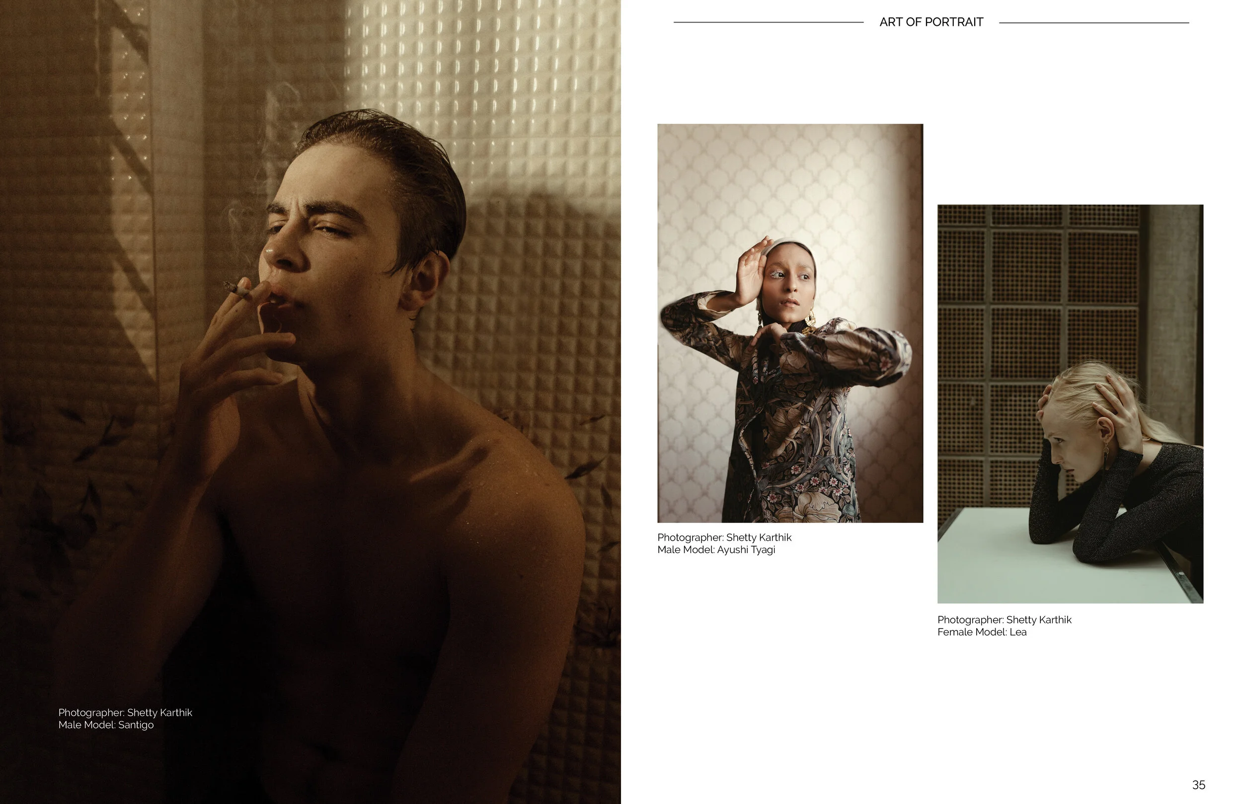 Photographs of three models posed for portrait photos by Shetty Karthik, including a young man smoking with a textured background, a woman with a headwrap and floral-patterned dress with a geometric background, and a blonde woman with her hand on her
