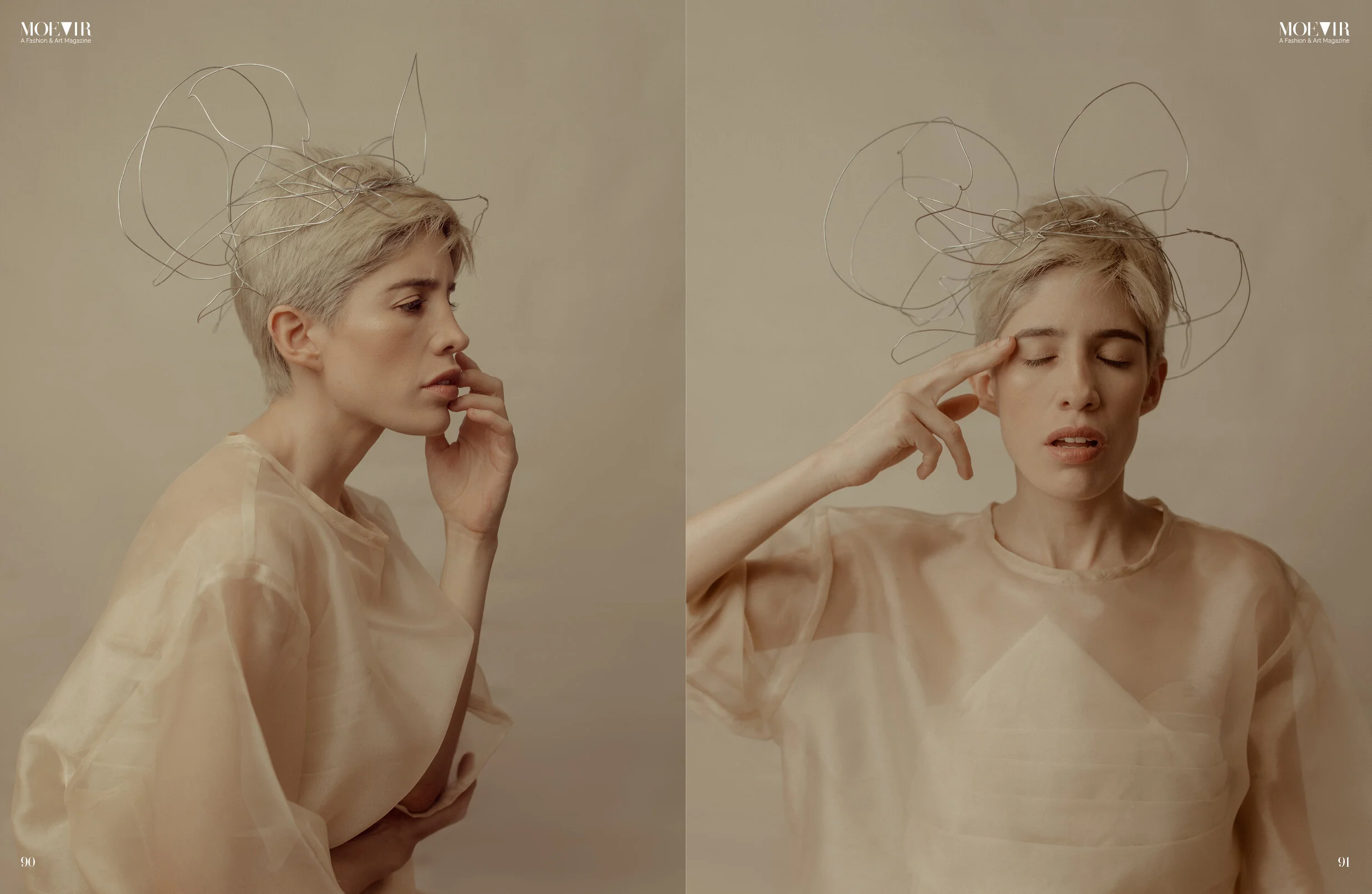 A woman with short, platinum blonde hair wearing a sheer beige top and a wire headpiece shaped like animal ears. In the left image, she is looking to the side with her hand near her face. In the right image, she has her eyes closed and is touching he