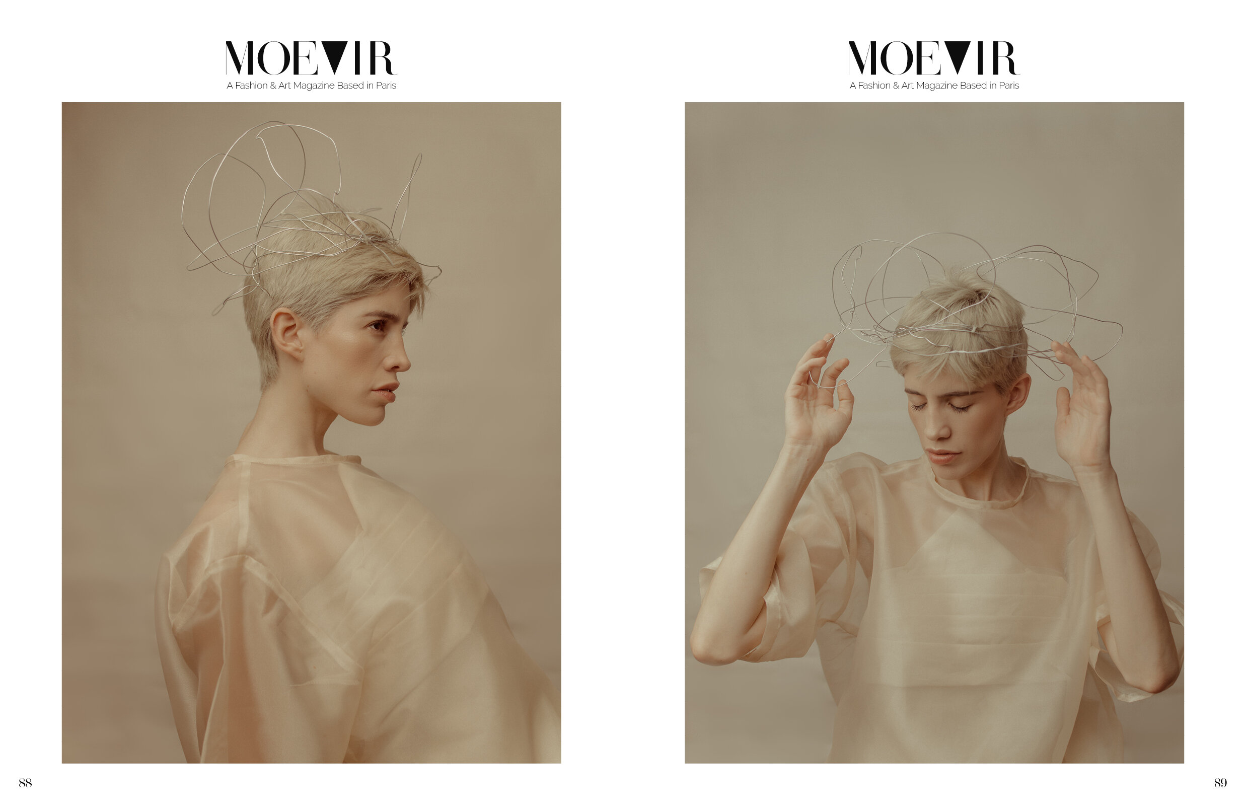 Two images of a person with short platinum blonde hair, wearing a beige, semi-transparent top. In the first image, they are looking to the left with an abstract wire headpiece on top of their hair. In the second image, they are facing forward with ey