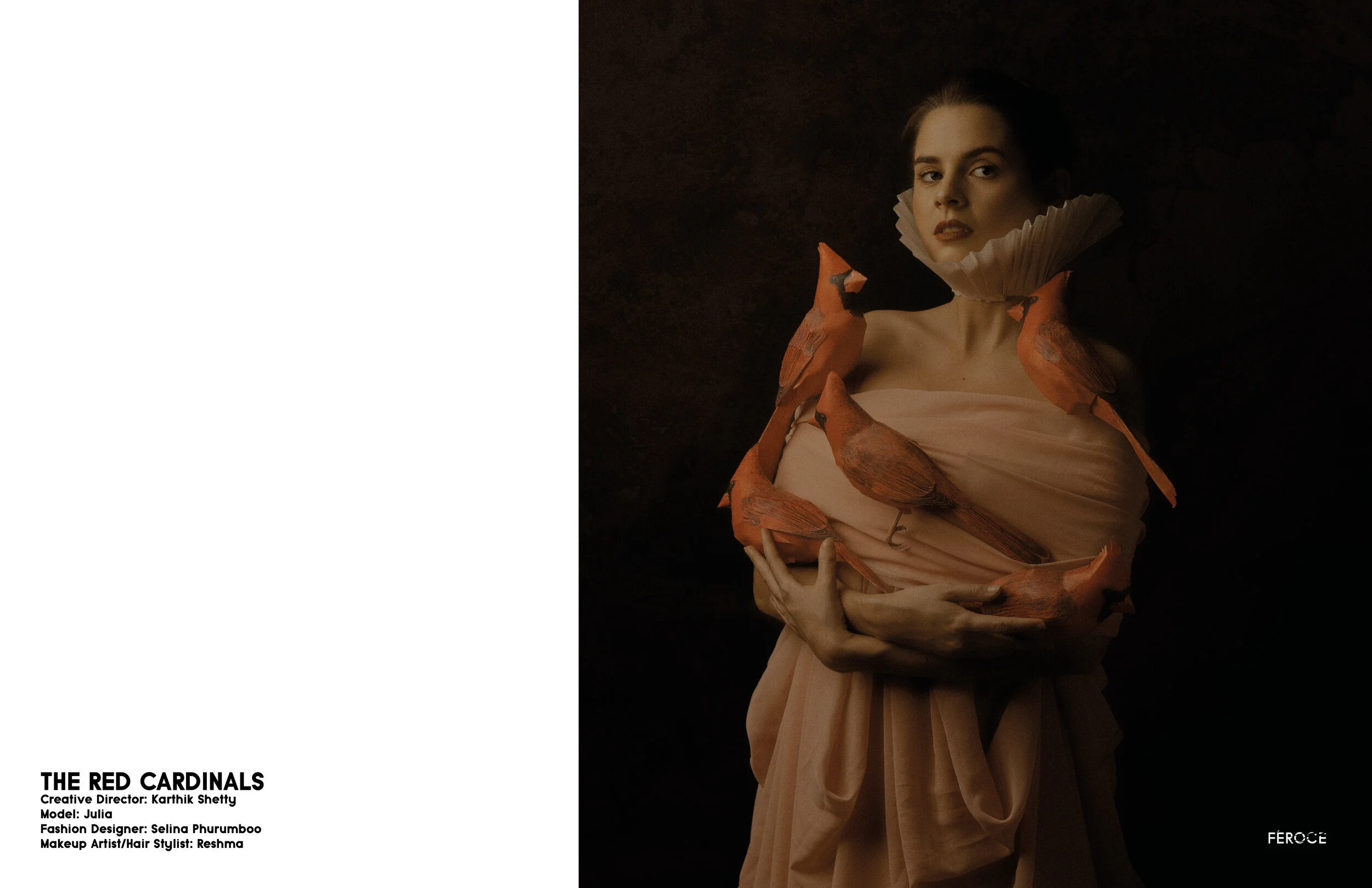 A woman dressed in a pale peach gown with a ruffled high collar stands against a dark background. The gown has a dramatic, vintage style, and she gazes directly at the camera with a serious expression. The image appears to be a fashion or artistic po