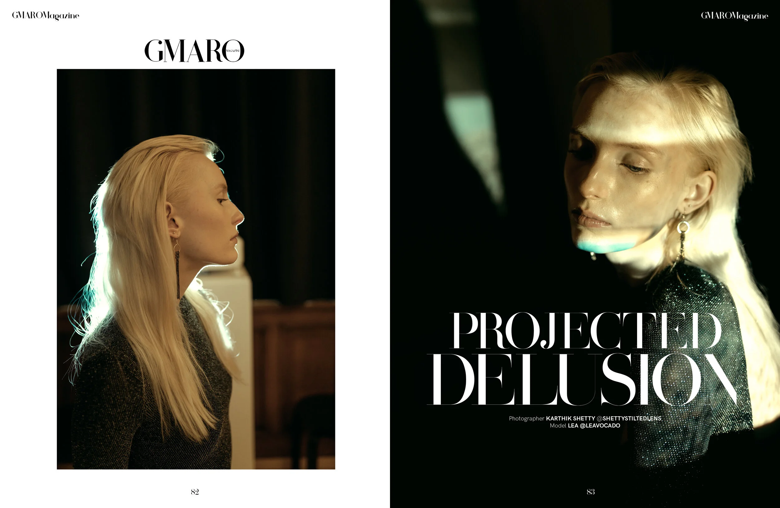 Magazine spread with two images of a blonde woman with closed eyes, one on each page. The left page shows her in profile against a dark background, while the right page is a close-up with a dark background and text overlay reading 'PROJECTED DELUSION
