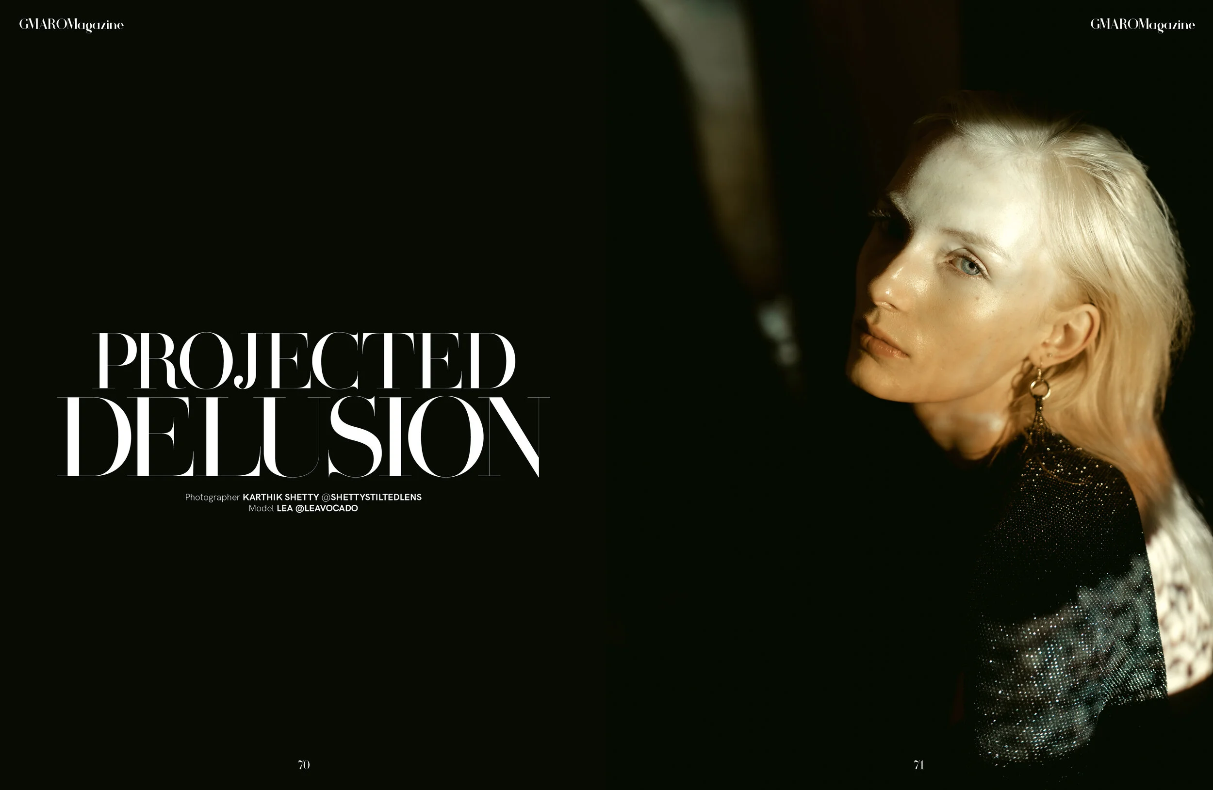 A fashion magazine spread titled "Projected Delusion" featuring a woman with platinum blonde hair, wearing a black, sparkly top, and accessorized with gold earrings. The page credits include photographer Karthik Shetty and model Lea.
