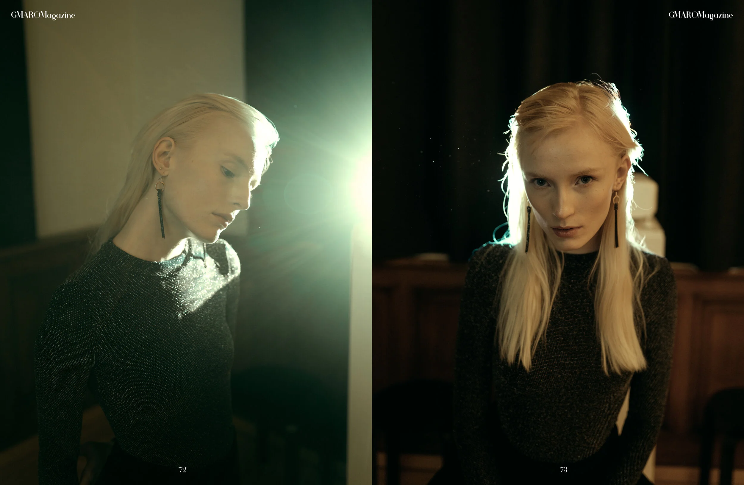 Two images of the same woman with blonde hair, wearing a black sparkly top and dangling earrings, with contrasting lighting; the left side shows sunlight on her face with a light background, and the right side shows a darker background with softer li