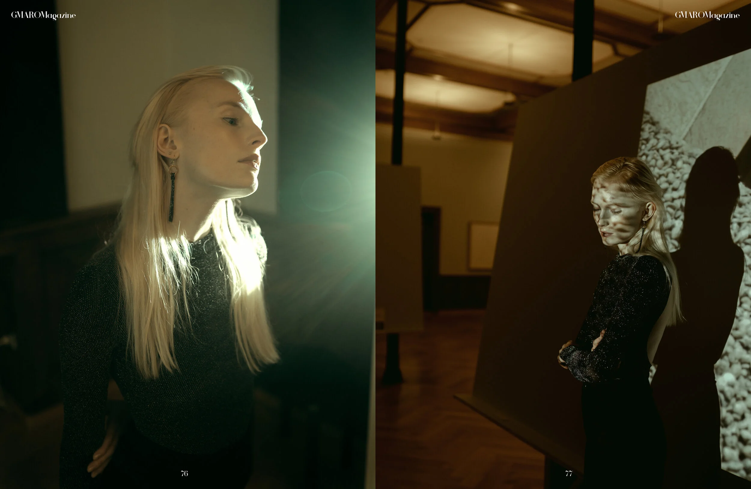 A split image with a woman with long blonde hair and earrings on the left, illuminated by sunlight, and another woman with similar hair and earrings on the right, standing in front of a patterned wall or display with shadows cast on her face.