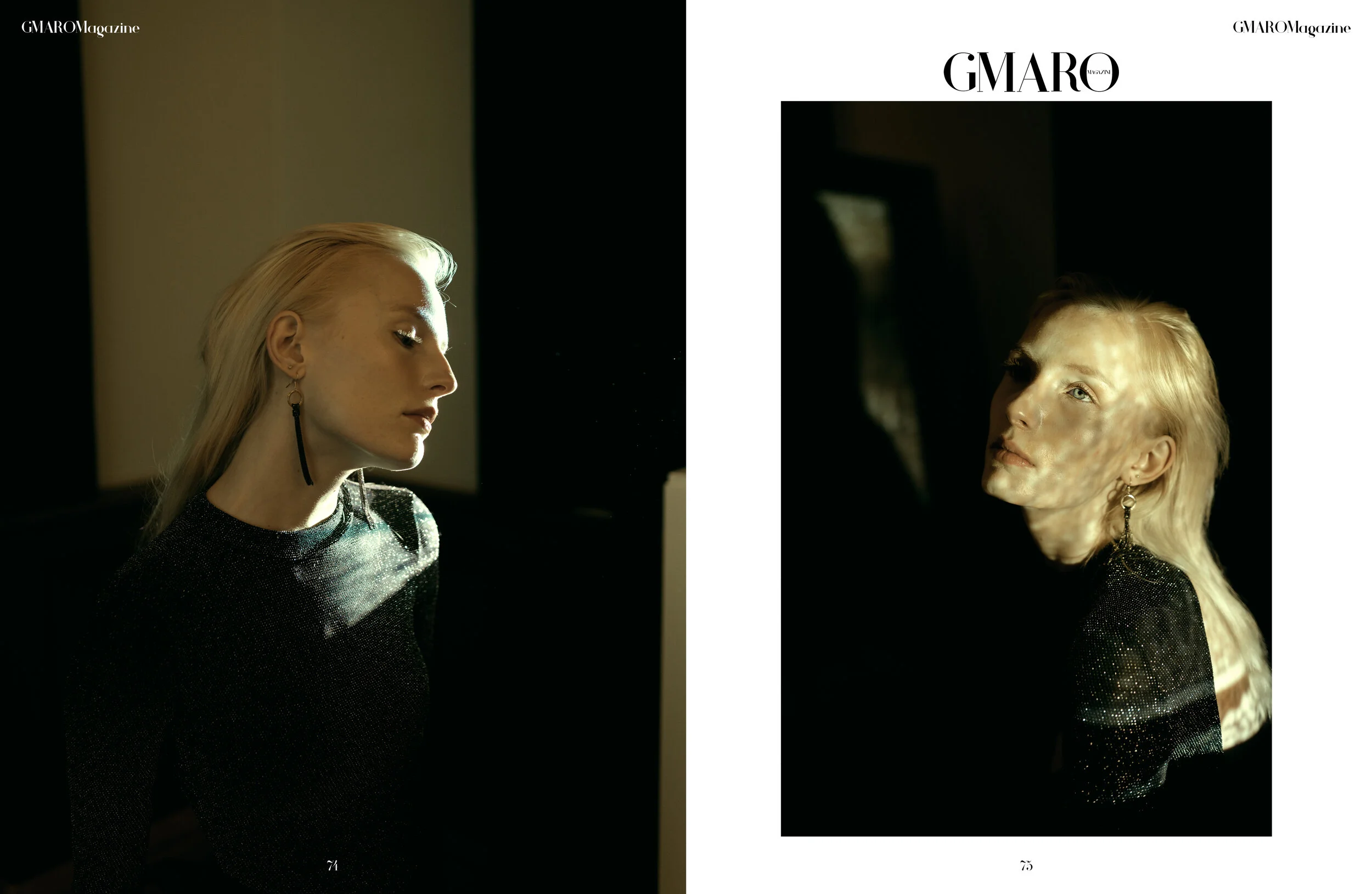 Photographs of a woman with blonde hair, wearing a black, glittery top. She has earrings and is captured in artistic lighting, creating reflections on her face. The images are part of GMARO Magazine.
