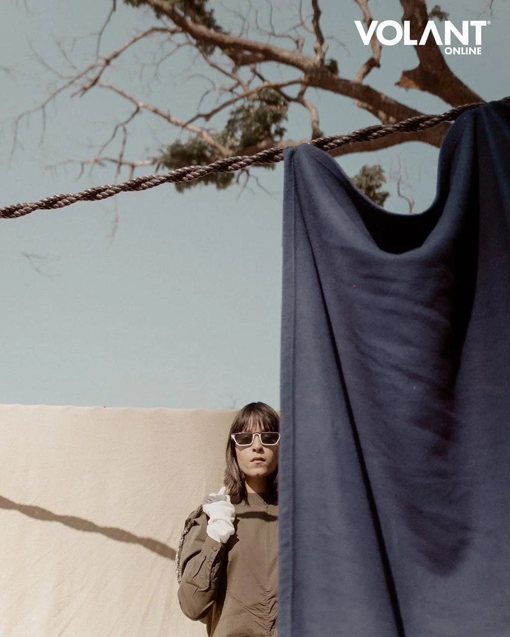 A woman with brown hair, wearing sunglasses, a brown jacket, and gloves, is standing behind a large, dark blue piece of fabric hanging on a clothesline outdoors. The background features a clear sky and a tree with leafless branches.