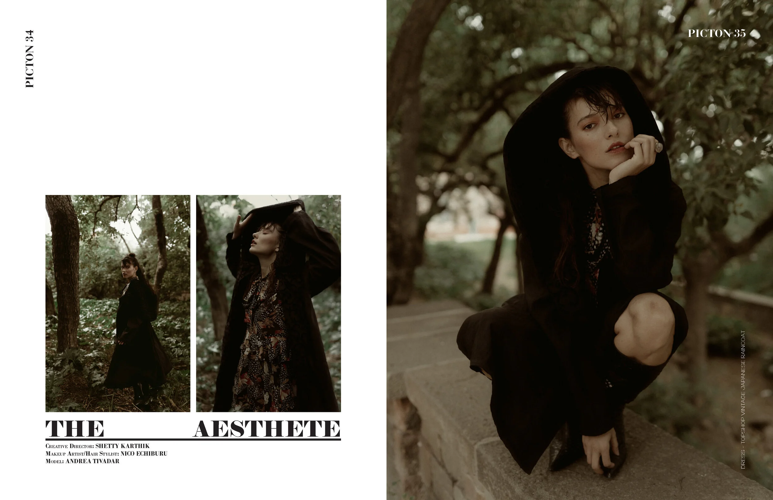 Fashion photoshoot of a young woman with dark hair in a black hoodie and patterned dress, posed outdoors among trees and greenery, with artistic and moody styling.