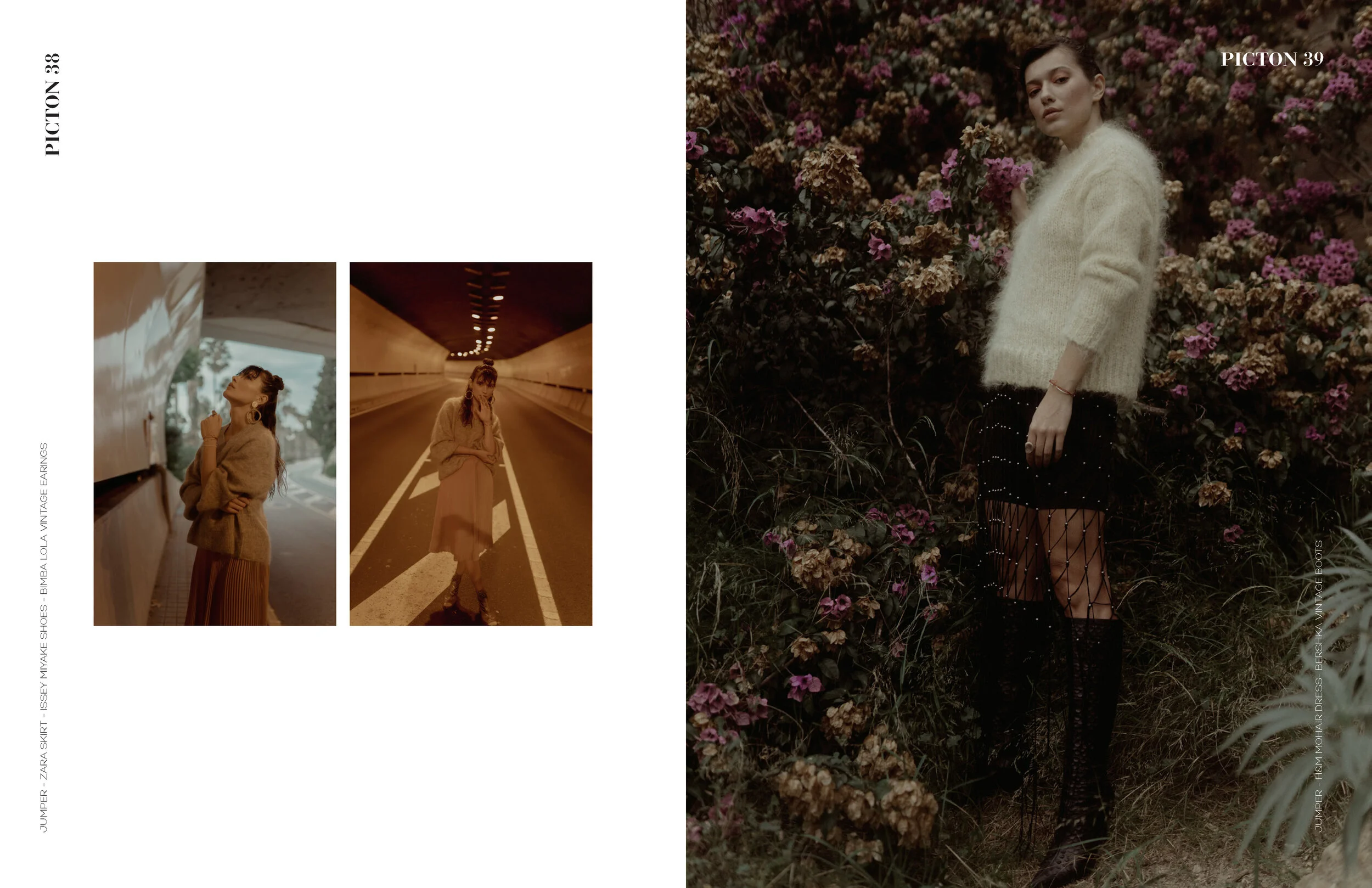 Fashion magazine spread featuring a model in a cream sweater and black fishnet skirt, standing among pink and brown flowers, with two additional images of the same model in different outfits and settings on the left. The right page has the text 'PICT