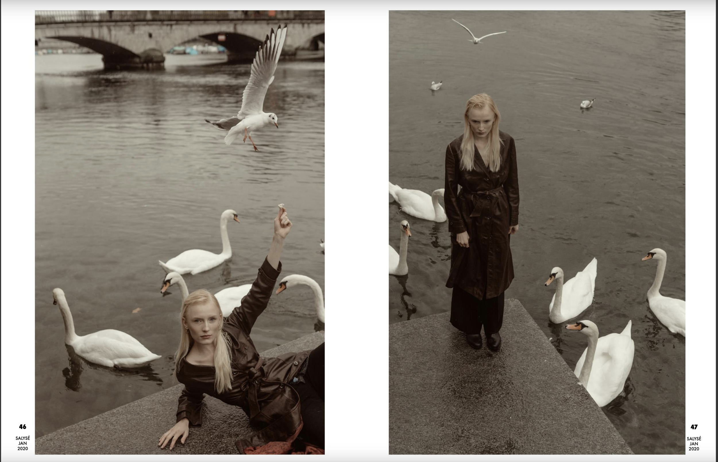 Side-by-side photographs of a young woman with long blonde hair and a tattooed arm near a body of water with swans and seagulls. The left photo shows her sitting on the ground with her arm raised, while the right photo shows her standing on the pavem