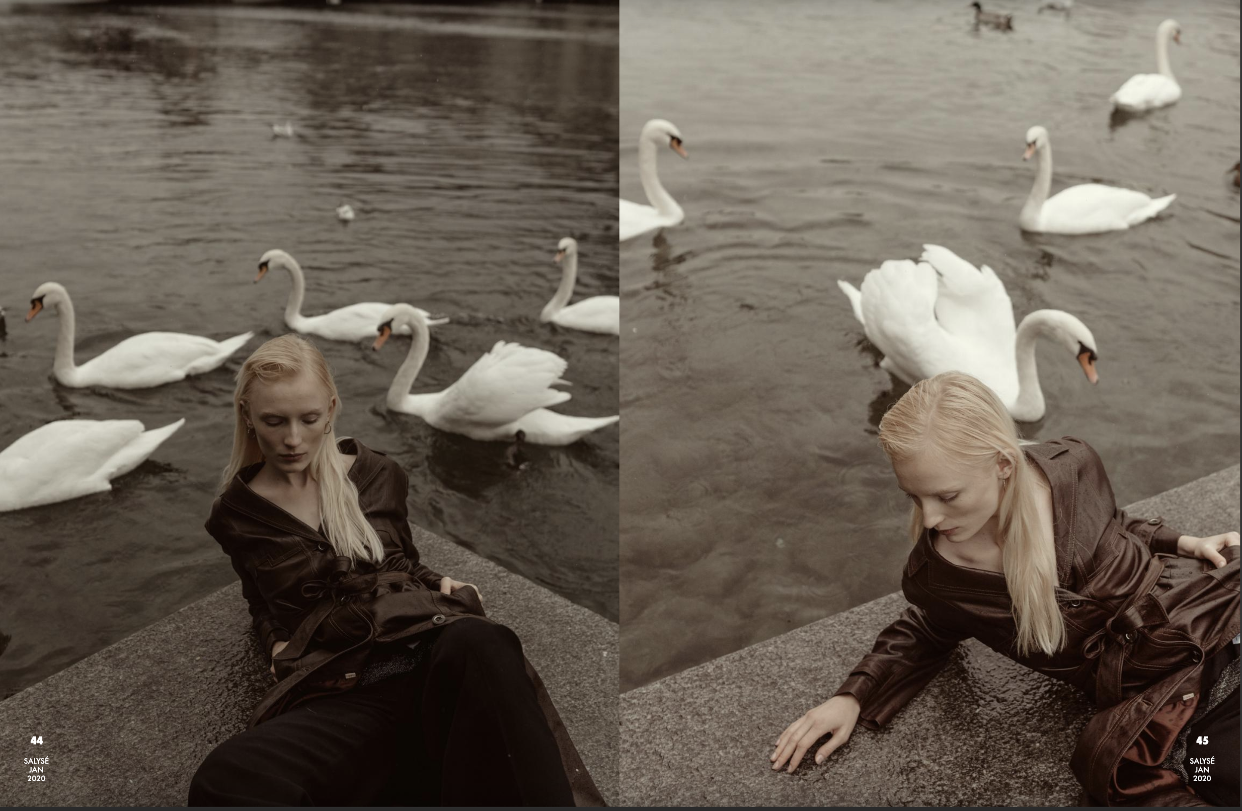 A young woman with blonde hair sits on a concrete edge near a body of water where several swans and ducks are swimming. The photo is split into two side-by-side images of the same scene.