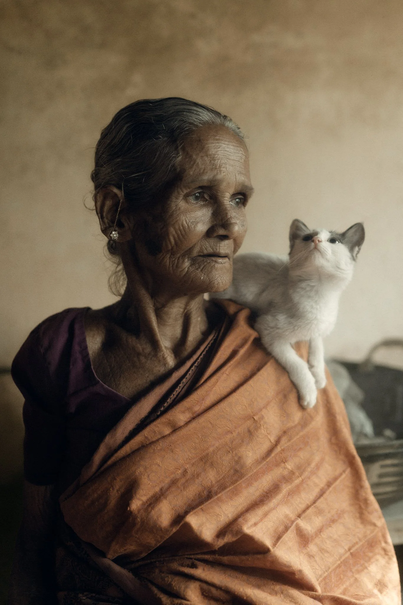 An elderly woman with deep wrinkles, dressed in traditional clothing, has a white and gray cat resting on her shoulder.
Shot by Shetty Karthik
