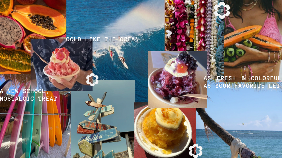 A collage of tropical and beach scenes featuring papayas, surfing, and colorful jewelry; ice cream and shaved ice treats; a woman holding a papaya, and beach signs labeled Malibu and Jaws; with text about summer, nostalgia, and tropical flavors.