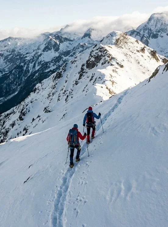 Two hikers equipped with backpacks and trekking poles ascending a snowy mountain slope with jagged peaks and cloudy skies in the background.